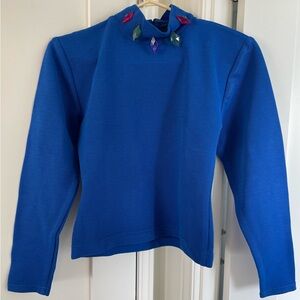 Blue Long Sleeves Vintage Top with Colourful Diamond Shaped Collar Accents